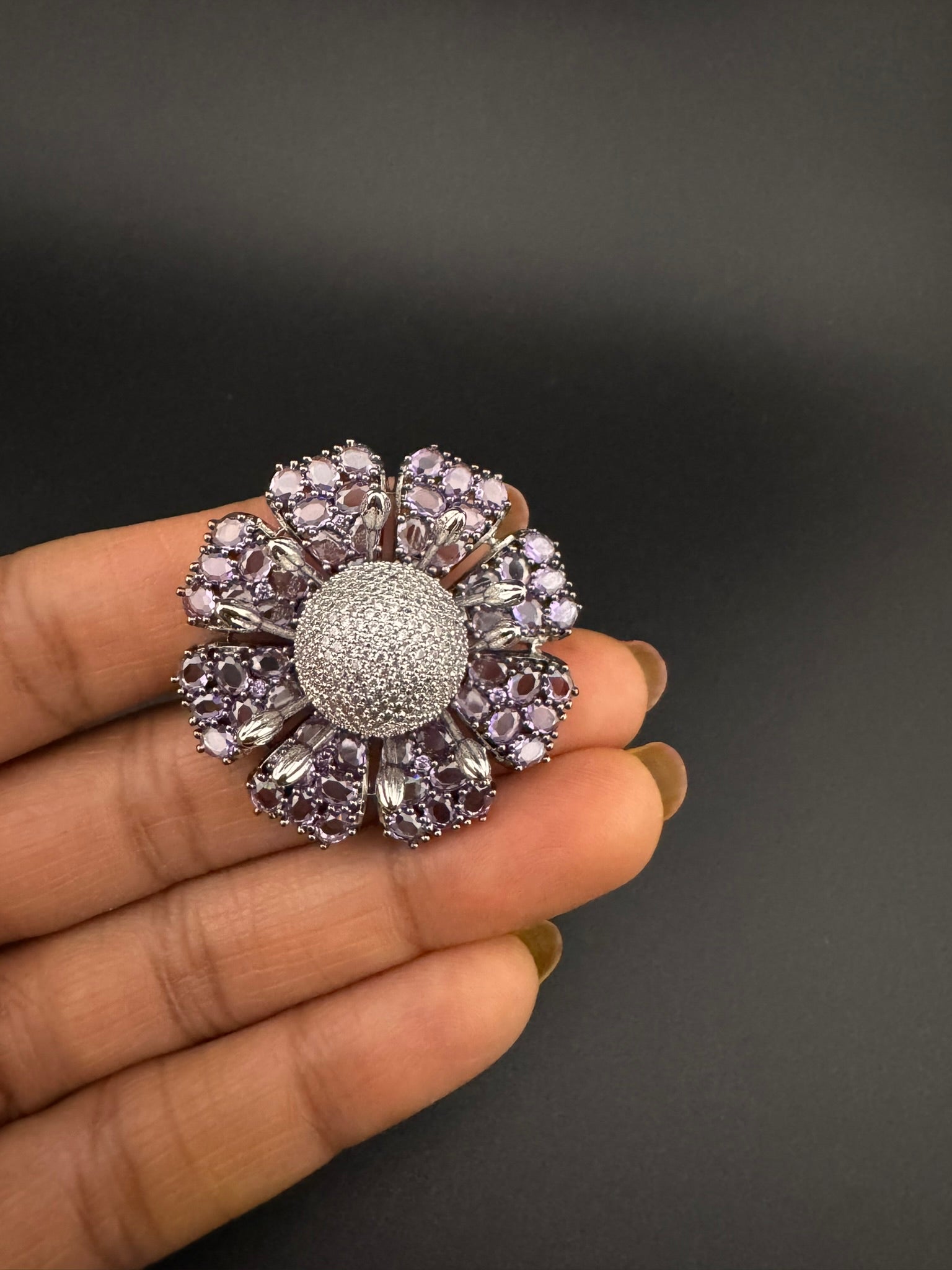 Premium Silver color Adjustable 3D Big Ring in Crystals and Cubic Zirconia in Nano setting