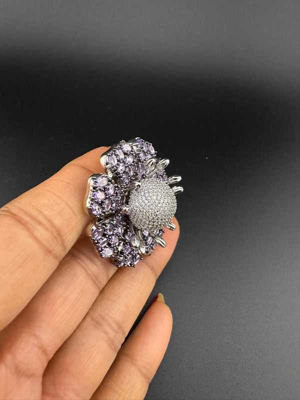 Premium Silver color Adjustable 3D Big Ring in Crystals and Cubic Zirconia in Nano setting