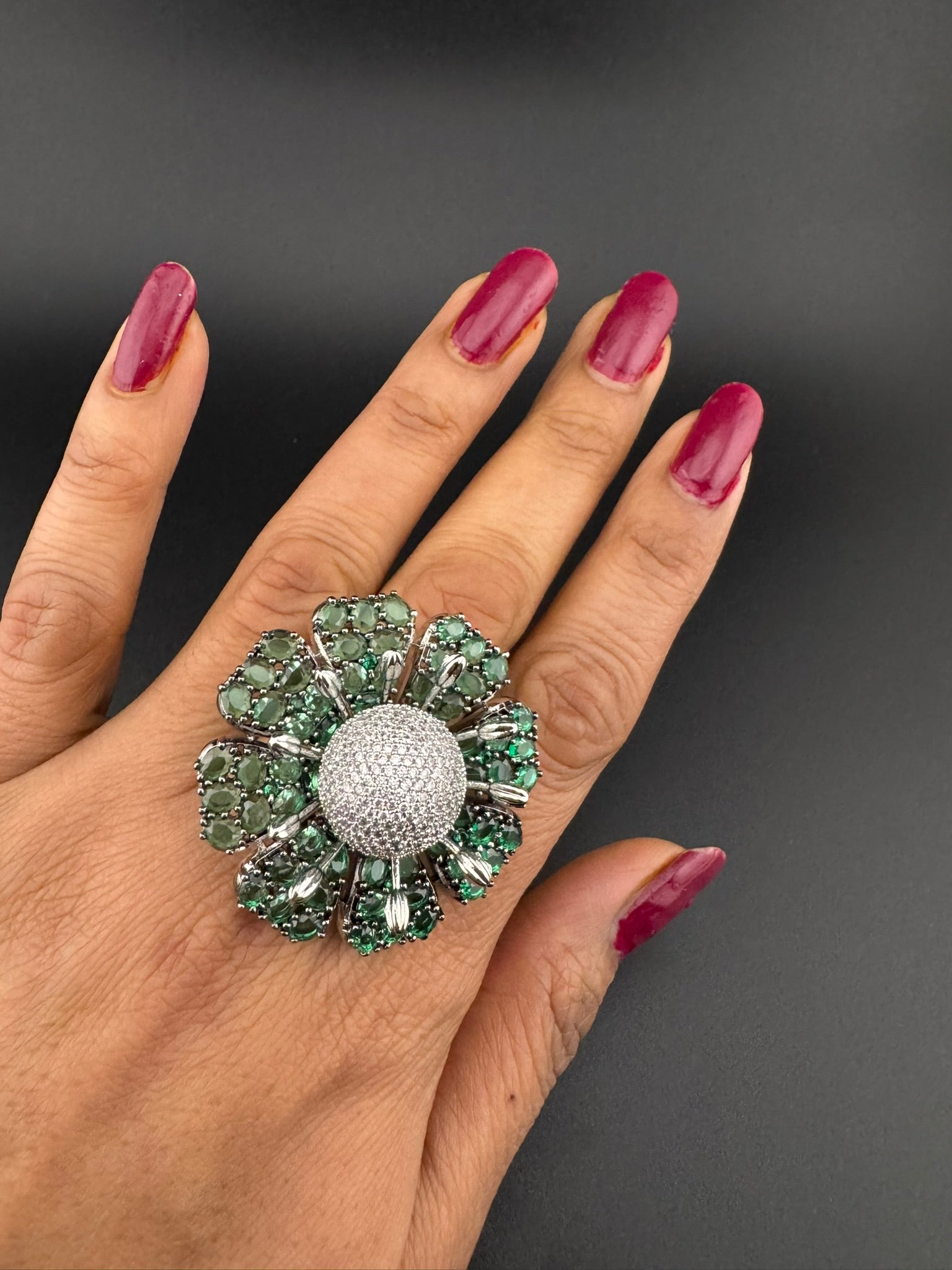 Premium Silver color Adjustable 3D Big Ring in Crystals and Cubic Zirconia in Nano setting