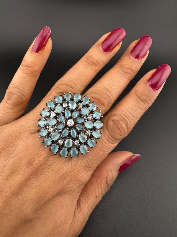 Premium Victorian Adjustable Big round Ring, stones, CZ setting