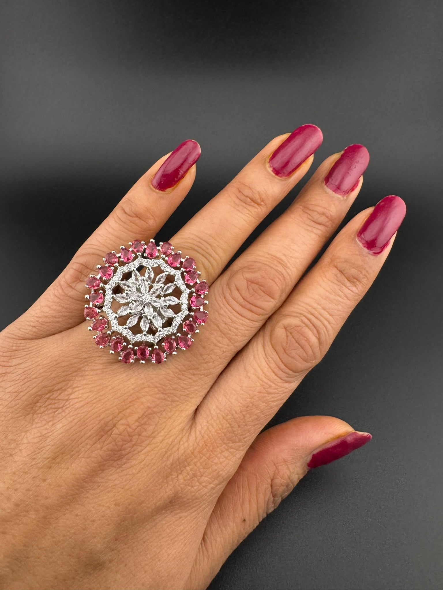 Premium Silver color Adjustable Big Ring in Crystals and Cubic Zirconia in Unique Design
