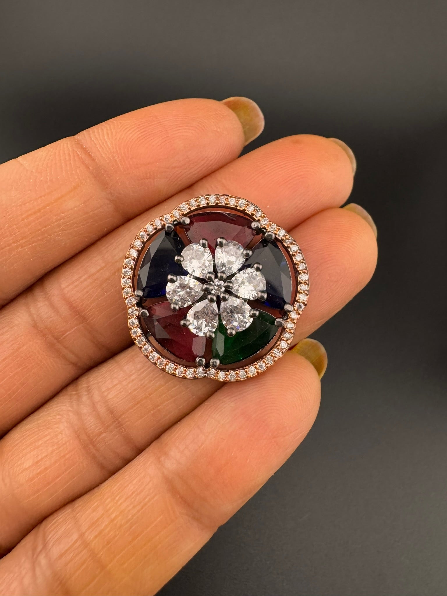Premium Victorian Adjustable Round Ring in Crystals and Cubic Zirconia in Unique Design