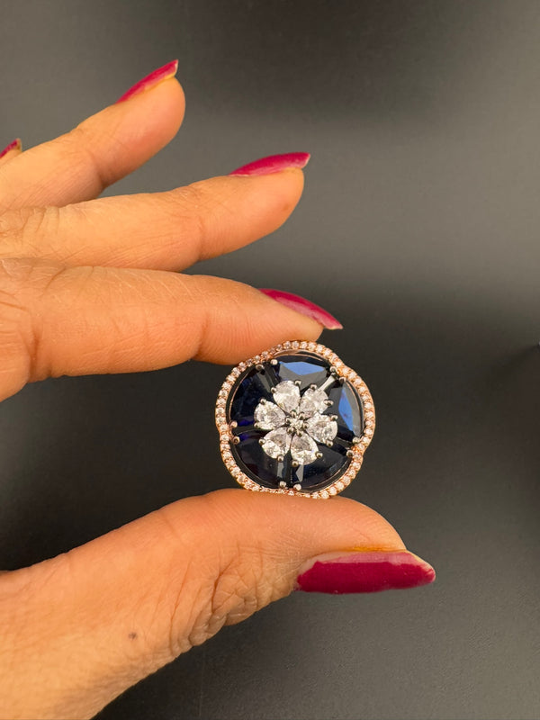 Premium Victorian Adjustable Round Ring in Crystals and Cubic Zirconia in Unique Design