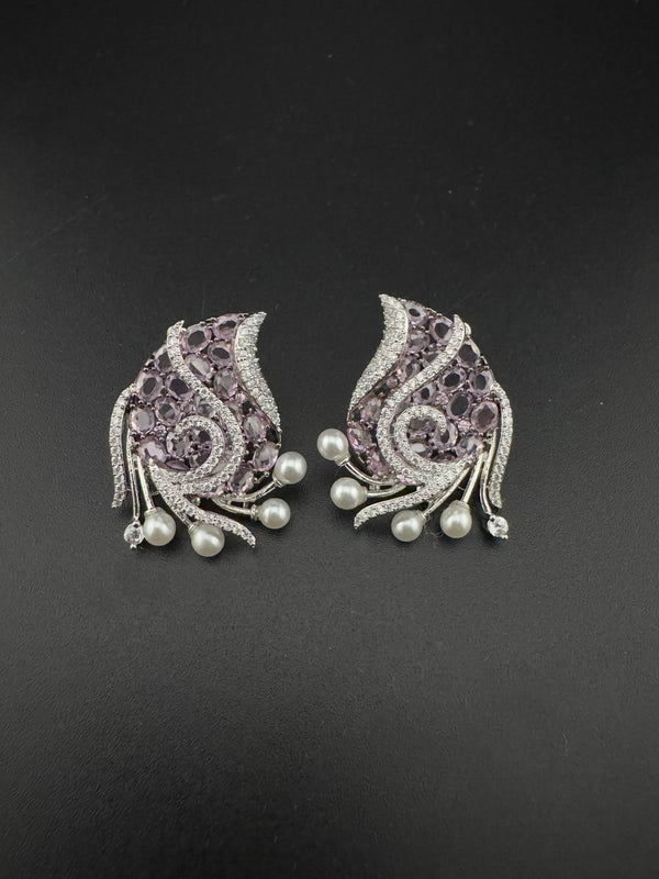 Premium Nano Setting Cubic Zirconia, Crystal stones in Unique setting is designer Inspired Statement Silver colored Stud earrings