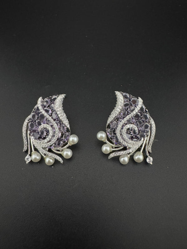Premium Nano Setting Cubic Zirconia, Crystal stones in Unique setting is designer Inspired Statement Silver colored Stud earrings