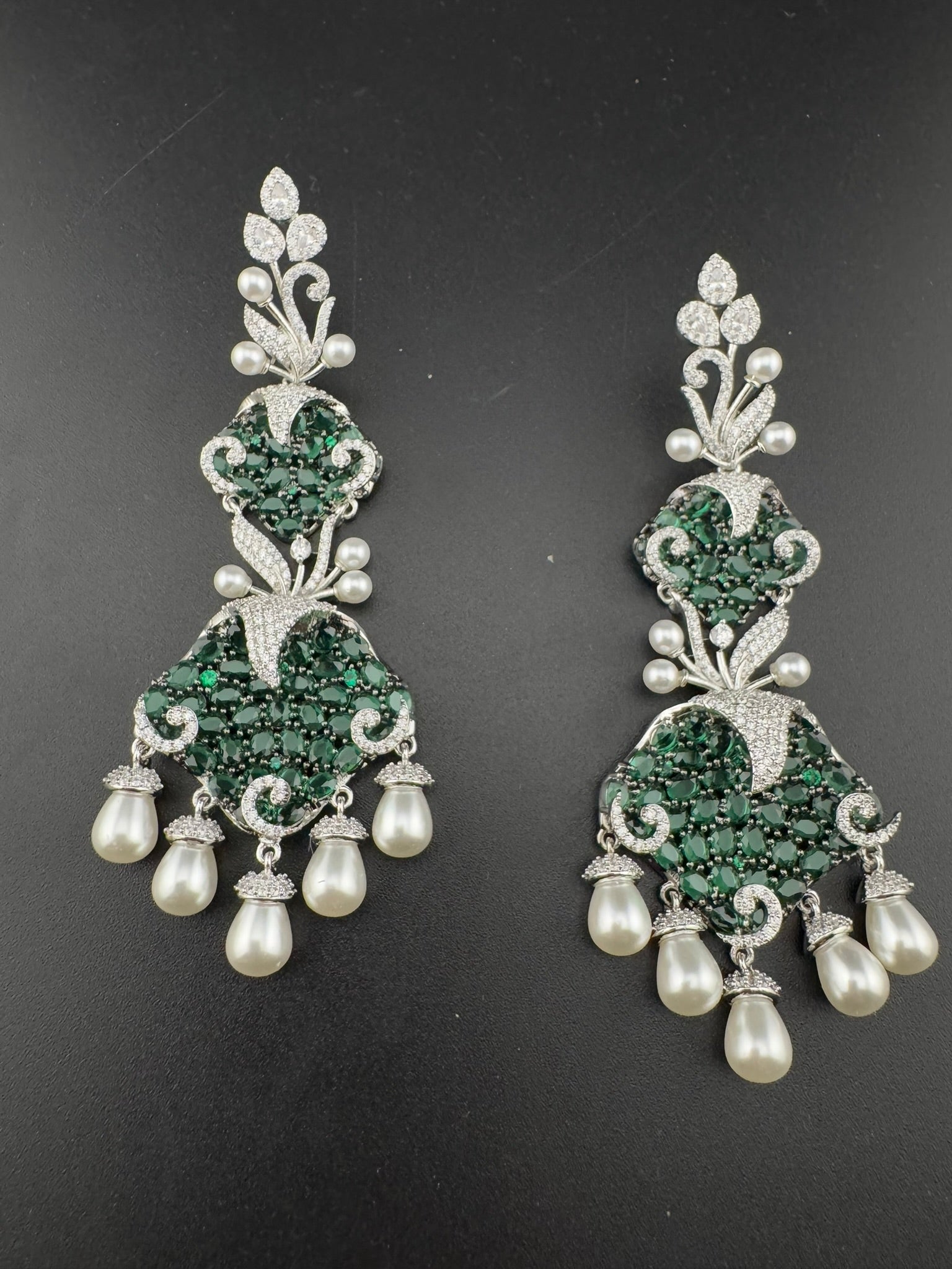 Premium 3D Nano Setting Cubic Zirconia with Pearls is designer Inspired Statement Drop Dangle Long earring