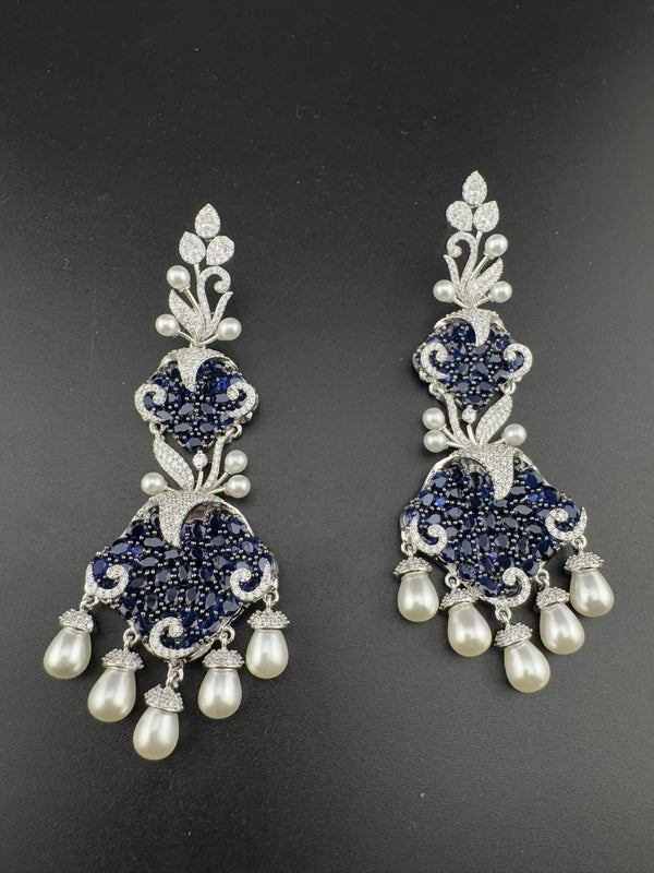 Premium 3D Nano Setting Cubic Zirconia with Pearls is designer Inspired Statement Drop Dangle Long earring