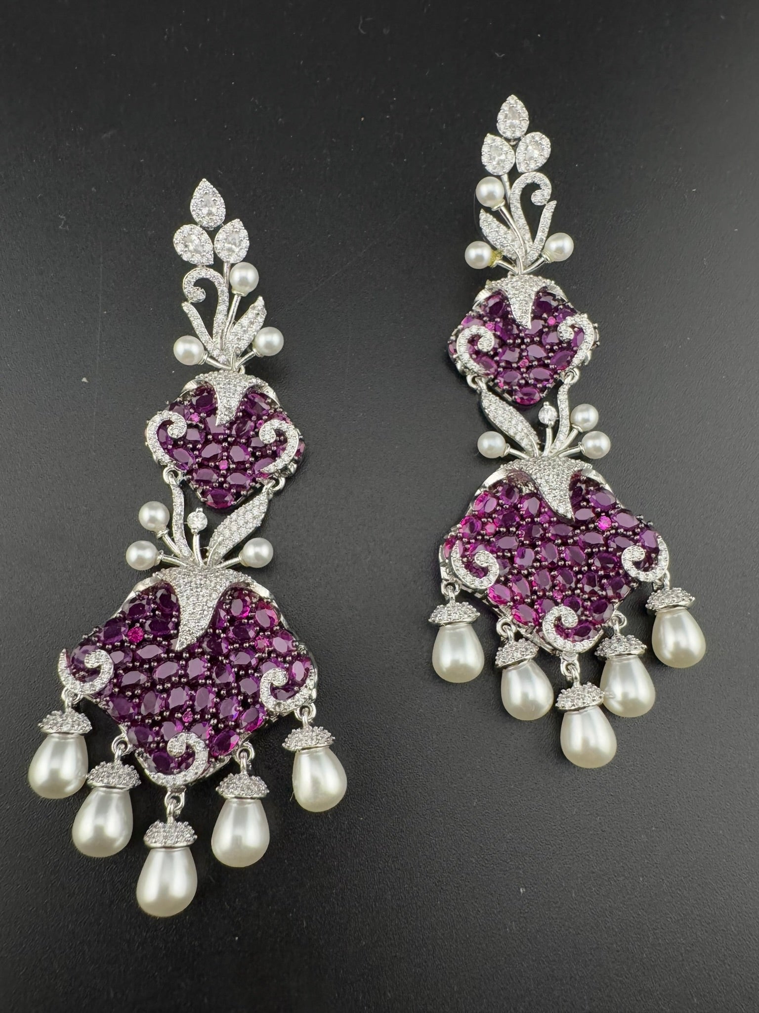 Premium 3D Nano Setting Cubic Zirconia with Pearls is designer Inspired Statement Drop Dangle Long earring