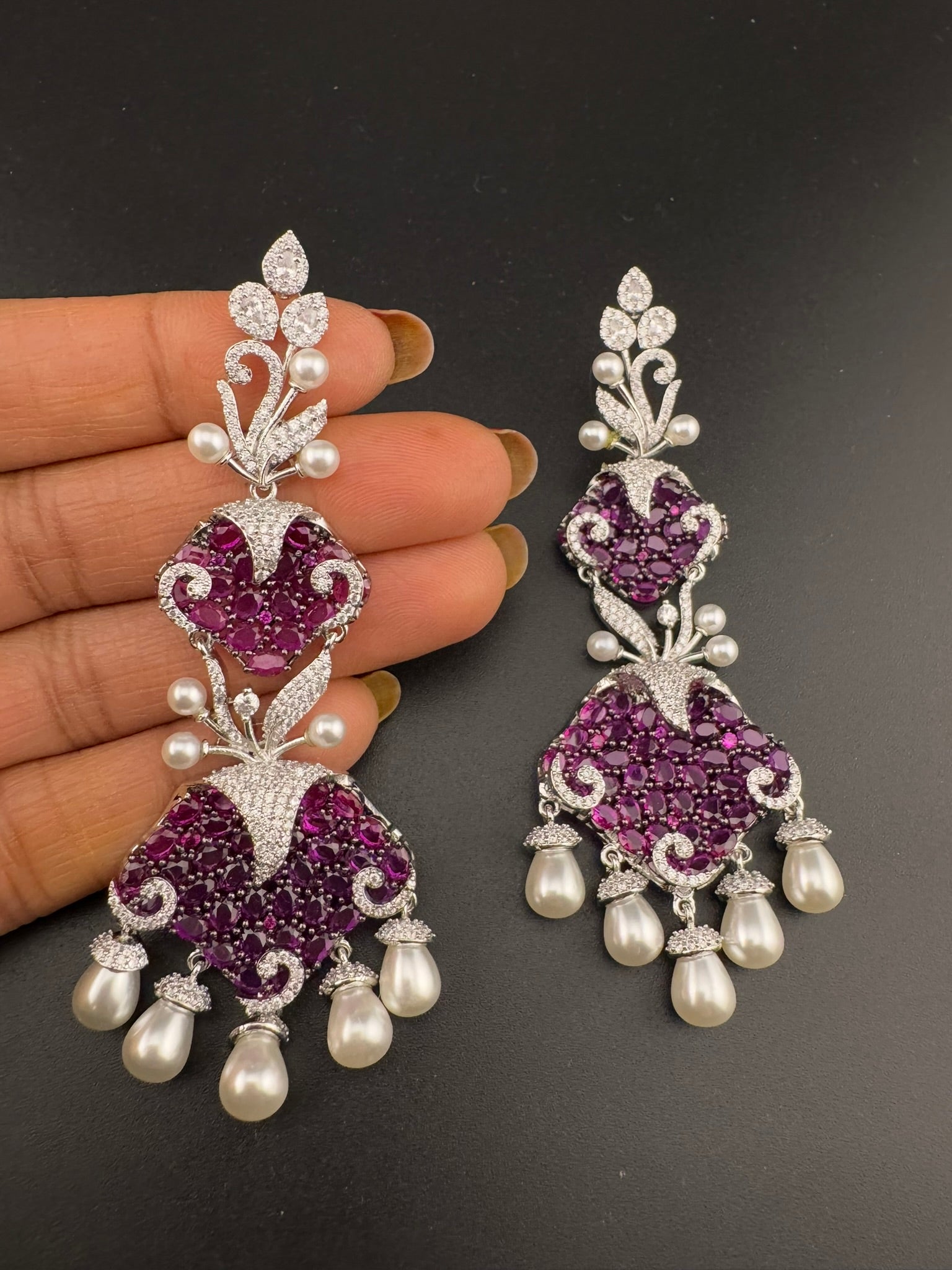 Premium 3D Nano Setting Cubic Zirconia with Pearls is designer Inspired Statement Drop Dangle Long earring