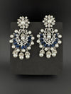 Premium Nano Setting Cubic Zirconia with Blue stones and Pearls is designer Inspired Statement Drop Dangle Long Chandbali earring