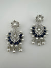 Premium Nano Setting Cubic Zirconia with Blue stones and Pearls is designer Inspired Statement Drop Dangle Long Chandbali earring