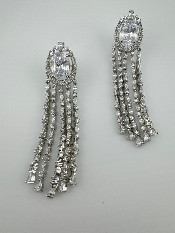 Premium silver color Cubic Zirconia long tassel earrings, high shine