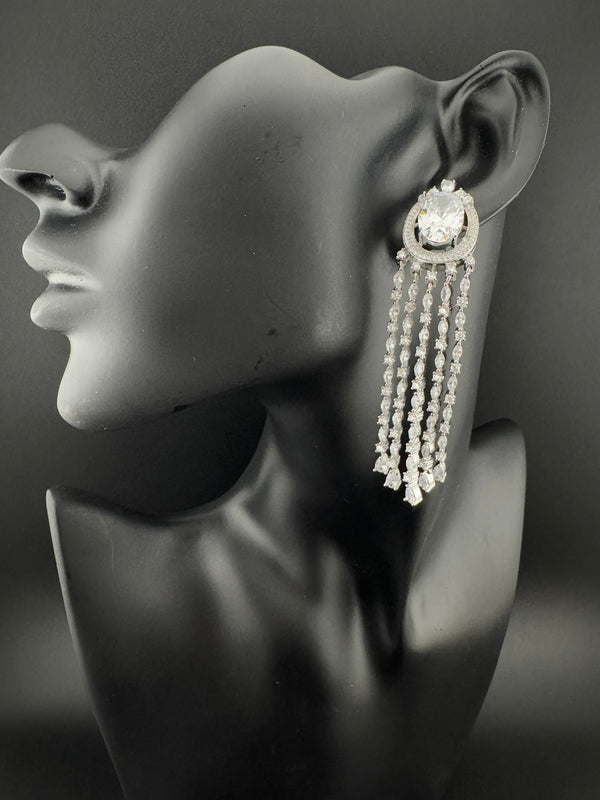 Premium silver color Cubic Zirconia long tassel earrings, high shine