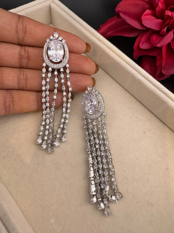 Premium silver color Cubic Zirconia long tassel earrings, high shine