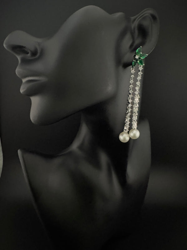 Premium silver color Cubic Zirconia Dangle long earrings with Crystal and Pearls is designer Statement long earrings