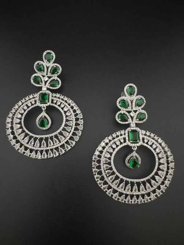 Premium Cubic Zirconia Oversized Chandelier earrings in stones in silver color is designer Inspired Long Statement earrings