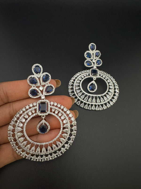 Premium Cubic Zirconia Oversized Chandelier earrings in stones in silver color is designer Inspired Long Statement earrings