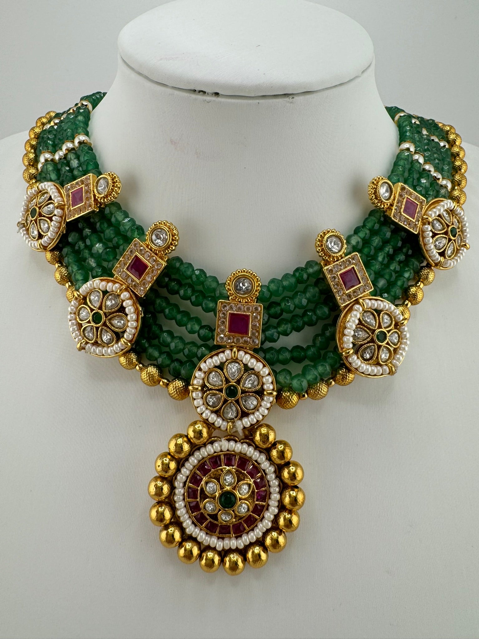 Amrapali Inspired Premium Rajwadi Neacklace set with Kundan, onyx beads in Matt Gold, Rani Haar