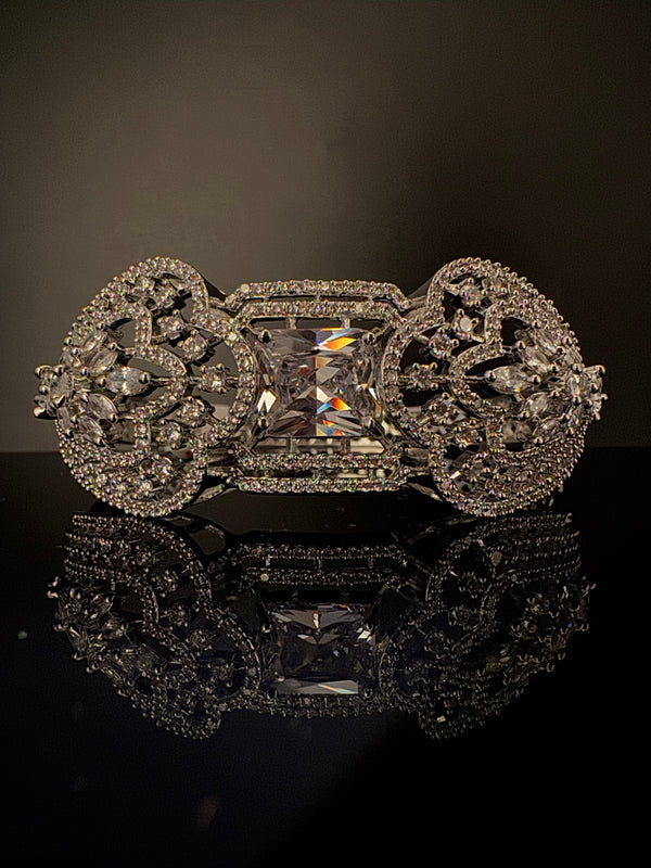 Silver color Openable Designer bracelet with crystal stones, Cubic Zirconia in unique Nano setting