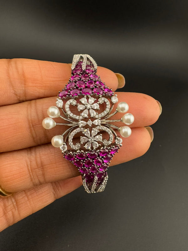 Single Silver Openable Designer bracelet with crystal stones, Cubic Zirconia, pearls in unique setting/single bangle/Fits size upto 2.6"