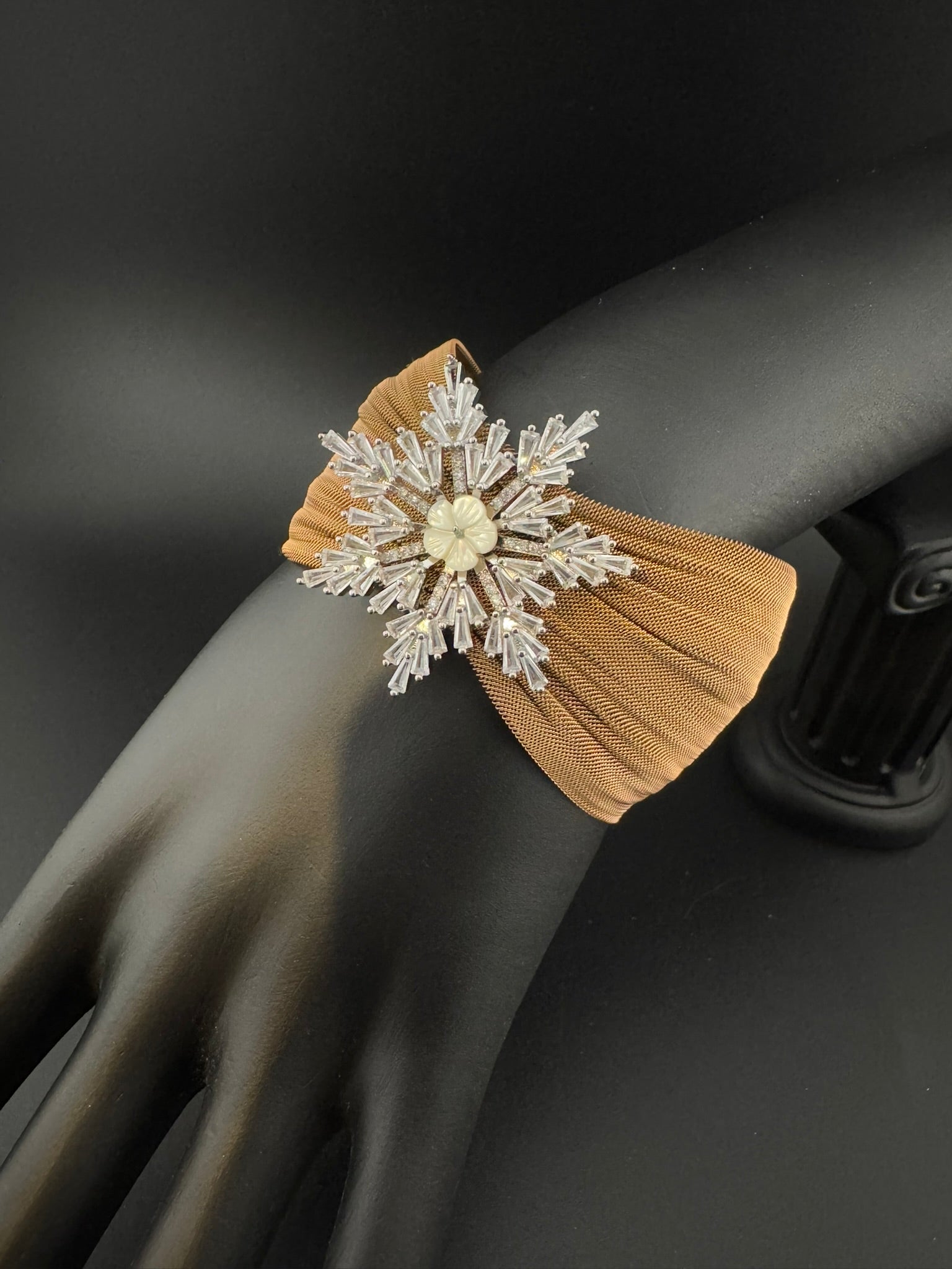 Openable Metal Mesh, Stone and Cubic Zirconia Bracelet Designer inspired Bracelet bangle