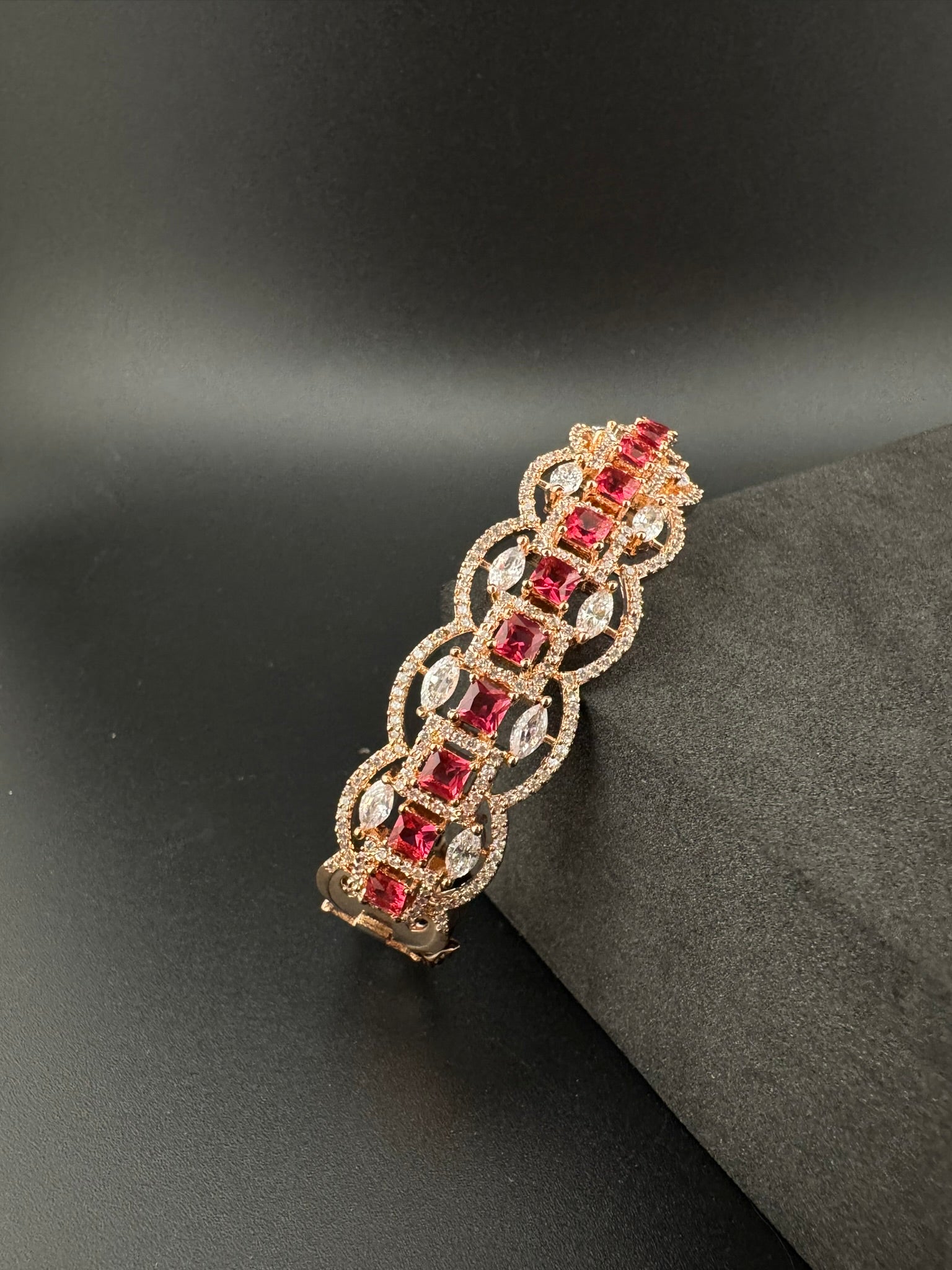 Rose Gold Openable Designer bracelet with crystal stones, Cubic Zirconia in unique Nano setting