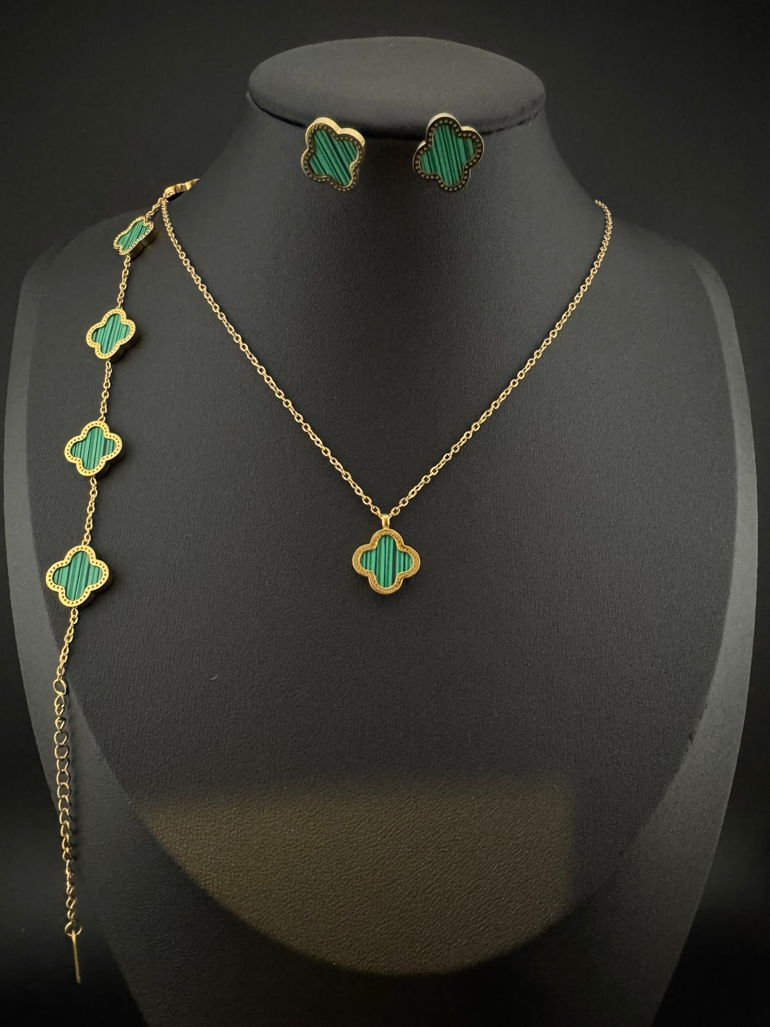 Anti-Tarnish Water resistant 18K Gold color plated clover Necklace SET with earrings and Bracelet/Office wear /Everyday jewelry/Light weight everyday jewelry