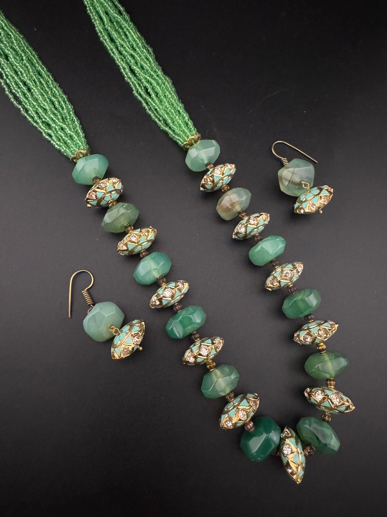 Premium Quality fusion Long Necklace with Enamel, natural and Onyx Beads with dangle earrings/Contemporary long Necklace set/Party/everyday