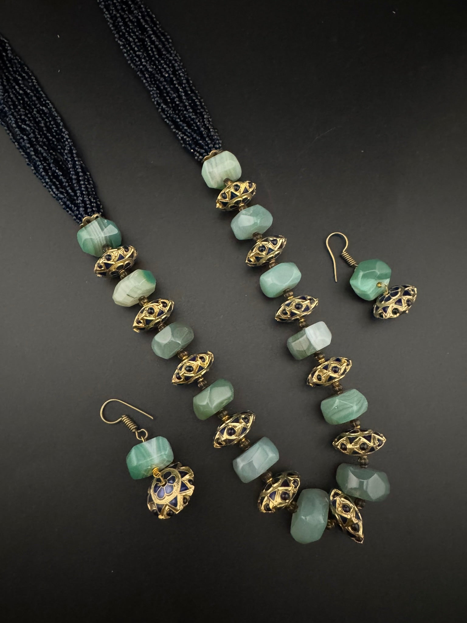 Premium Quality fusion Long Necklace with Enamel, natural and Onyx Beads with dangle earrings/Contemporary long Necklace set/Party/everyday