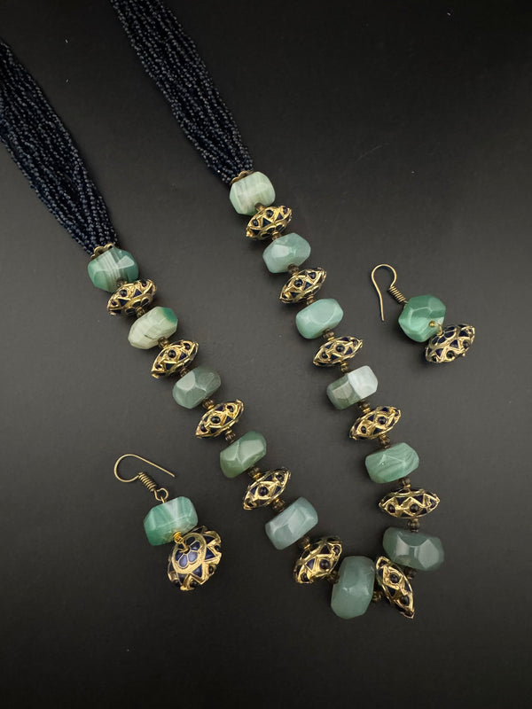 Premium Quality fusion Long Necklace with Enamel, natural and Onyx Beads with dangle earrings/Contemporary long Necklace set/Party/everyday