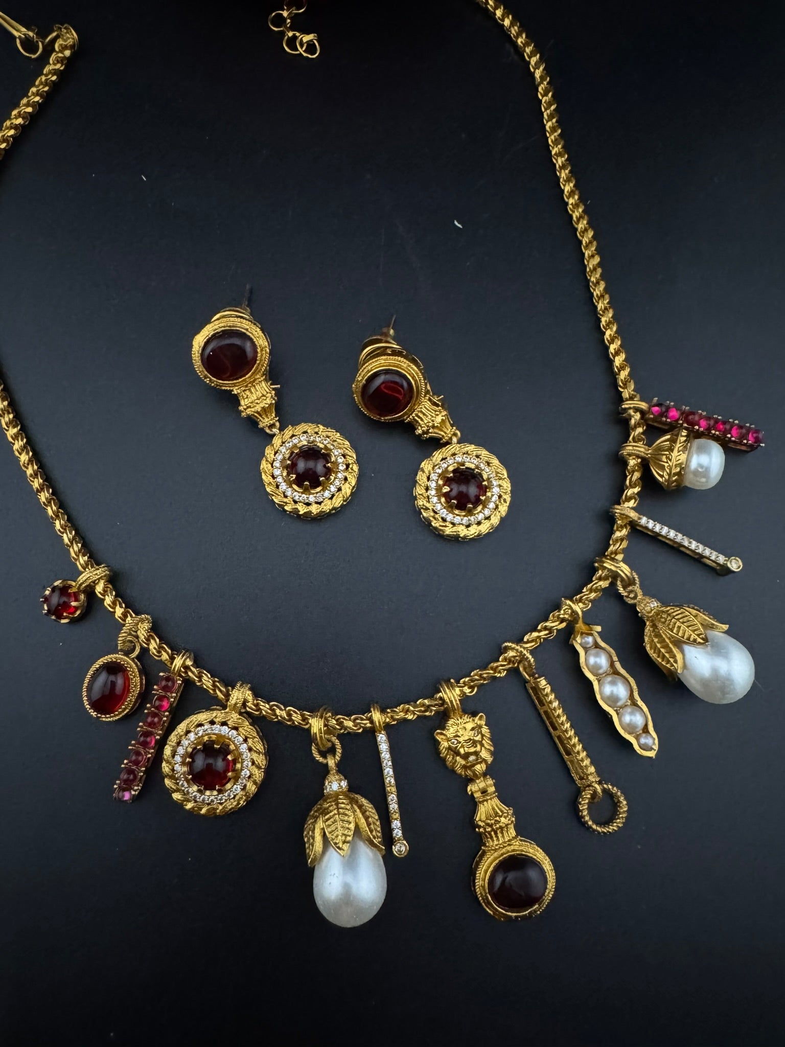Sabyasachi Inspired Necklace set in matt gold, Pearls and natural stones/Contemporary necklace set/Indian jewelry/Unique necklace set