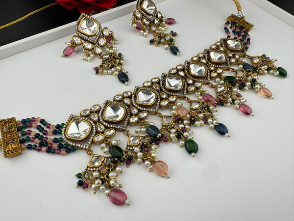 Multicolor Premium Quality Moissanite Uncut Kundan, CZ, natural stones, Onyx beads mala is Designer Choker necklace set with long earrings
