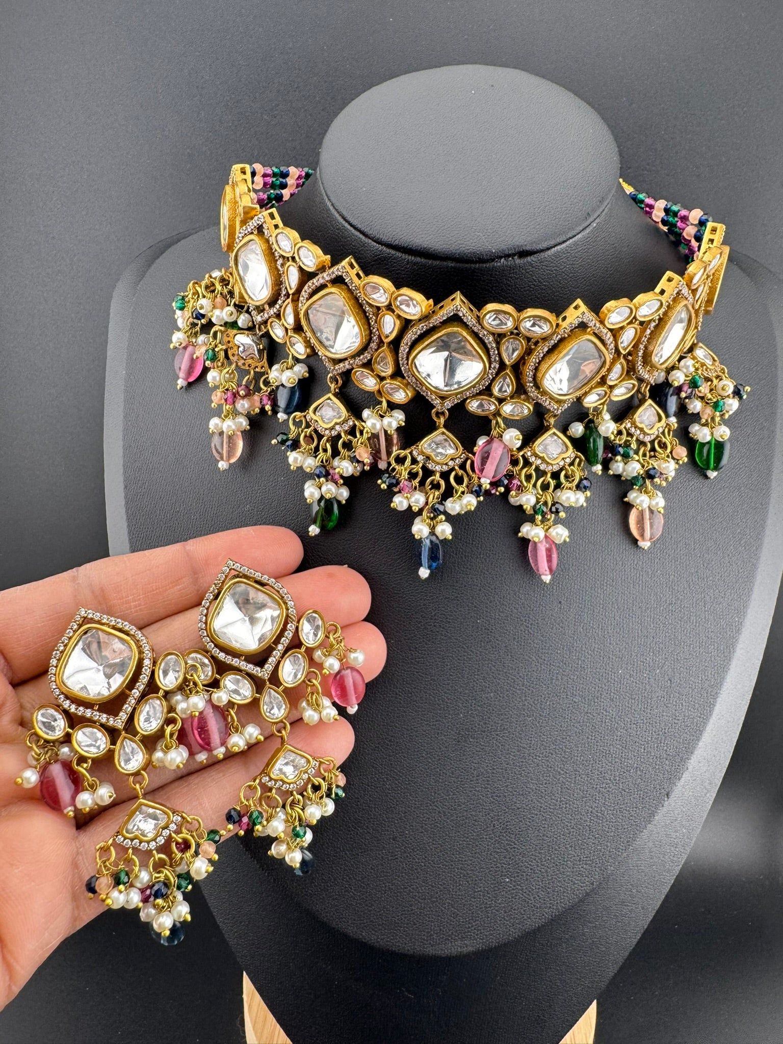 Multicolor Premium Quality Moissanite Uncut Kundan, CZ, natural stones, Onyx beads mala is Designer Choker necklace set with long earrings