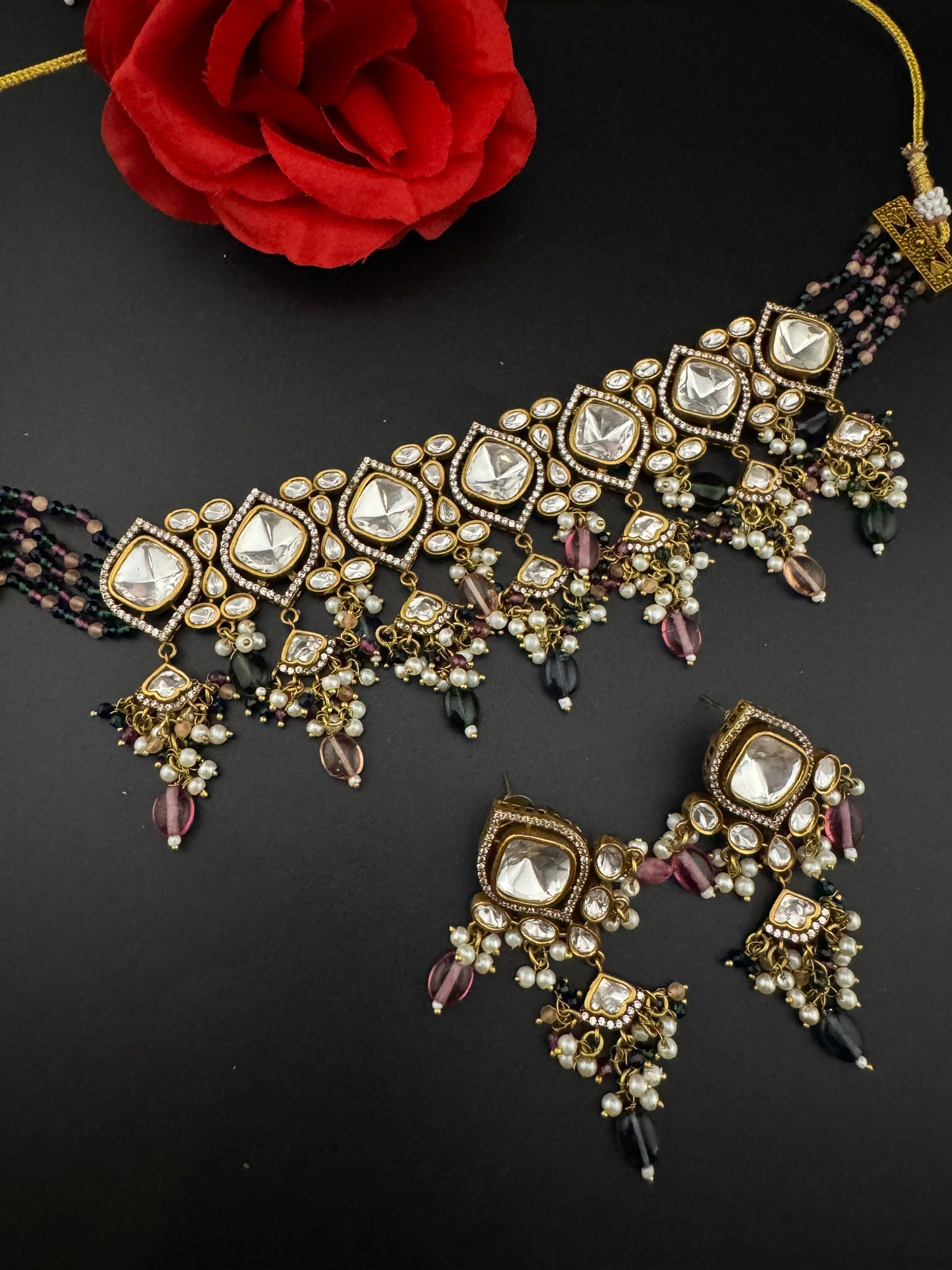 Multicolor Premium Quality Moissanite Uncut Kundan, CZ, natural stones, Onyx beads mala is Designer Choker necklace set with long earrings