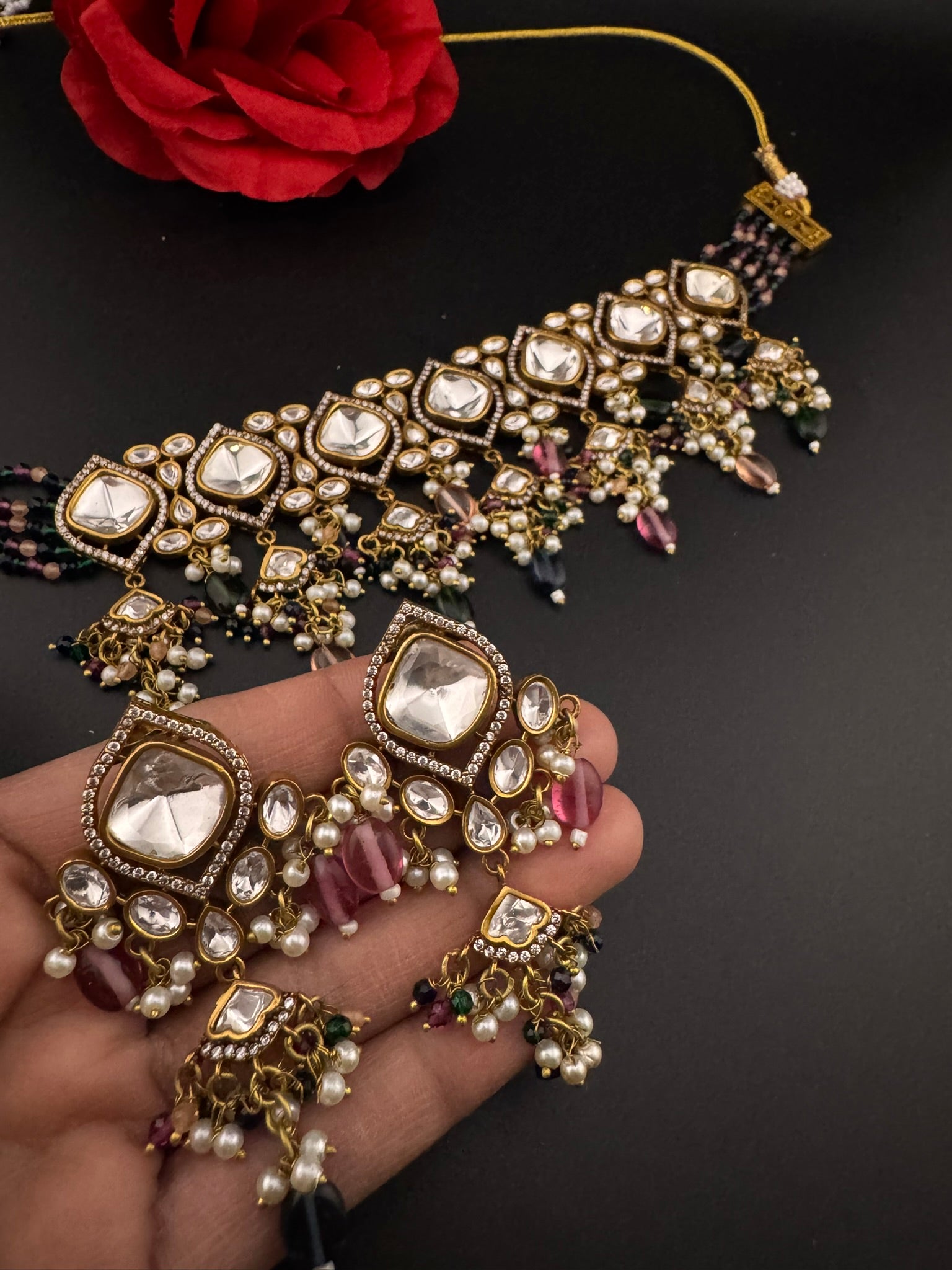 Multicolor Premium Quality Moissanite Uncut Kundan, CZ, natural stones, Onyx beads mala is Designer Choker necklace set with long earrings