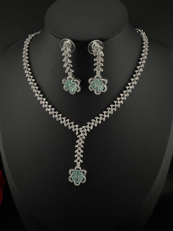 Premium Quality American Diamond/Cubic Zirconia, Crystals, Silver Polish Long Necklace set with Long earring/Indian jewelry/Bridal Necklace