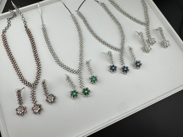 Premium Quality American Diamond/Cubic Zirconia, Crystals, Silver Polish Long Necklace set with Long earring/Indian jewelry/Bridal Necklace