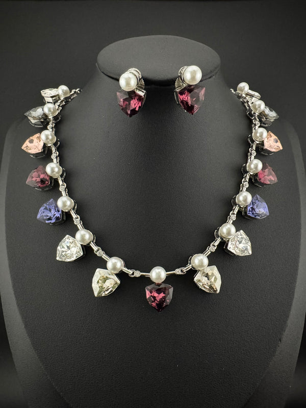 Premium High Shine Swarovski crystals, Cubic Zirconia Modern Necklace with stud earring/Indian jewelry/Collar Necklace set/Bridal necklace