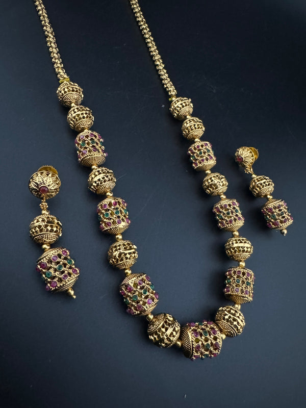 Premium Quality Traditional matt Gold and stones Long Necklace with long earrings/Indian Bridal necklace/Matar Mala/Rani Haar/Gold Plated