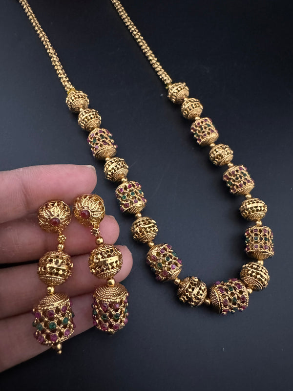 Premium Quality Traditional matt Gold and stones Long Necklace with long earrings/Indian Bridal necklace/Matar Mala/Rani Haar/Gold Plated