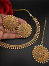 Premium Quality Traditional matt Gold, stones and pearls Necklace with oversized stud earrings and Tikka/Indian sleek necklace set/lightw