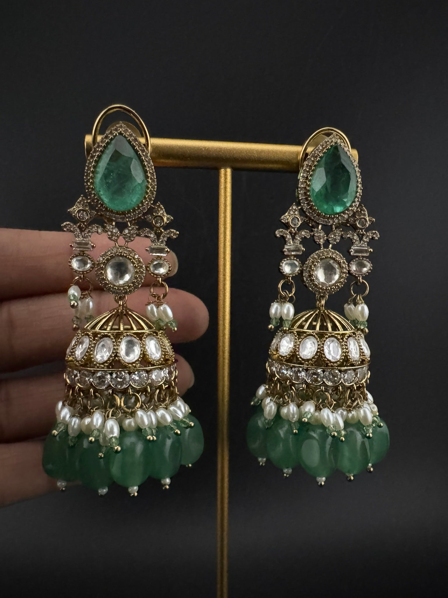 Premium Quality Kundan, Doublet stones and pearls in Matt Gold is Amrapali inspired designer Long Jhumka earrings/Indian earring/Bridal