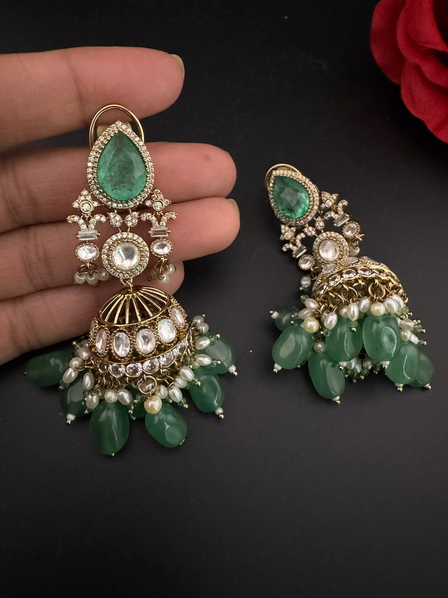 Premium Quality Kundan, Doublet stones and pearls in Matt Gold is Amrapali inspired designer Long Jhumka earrings/Indian earring/Bridal