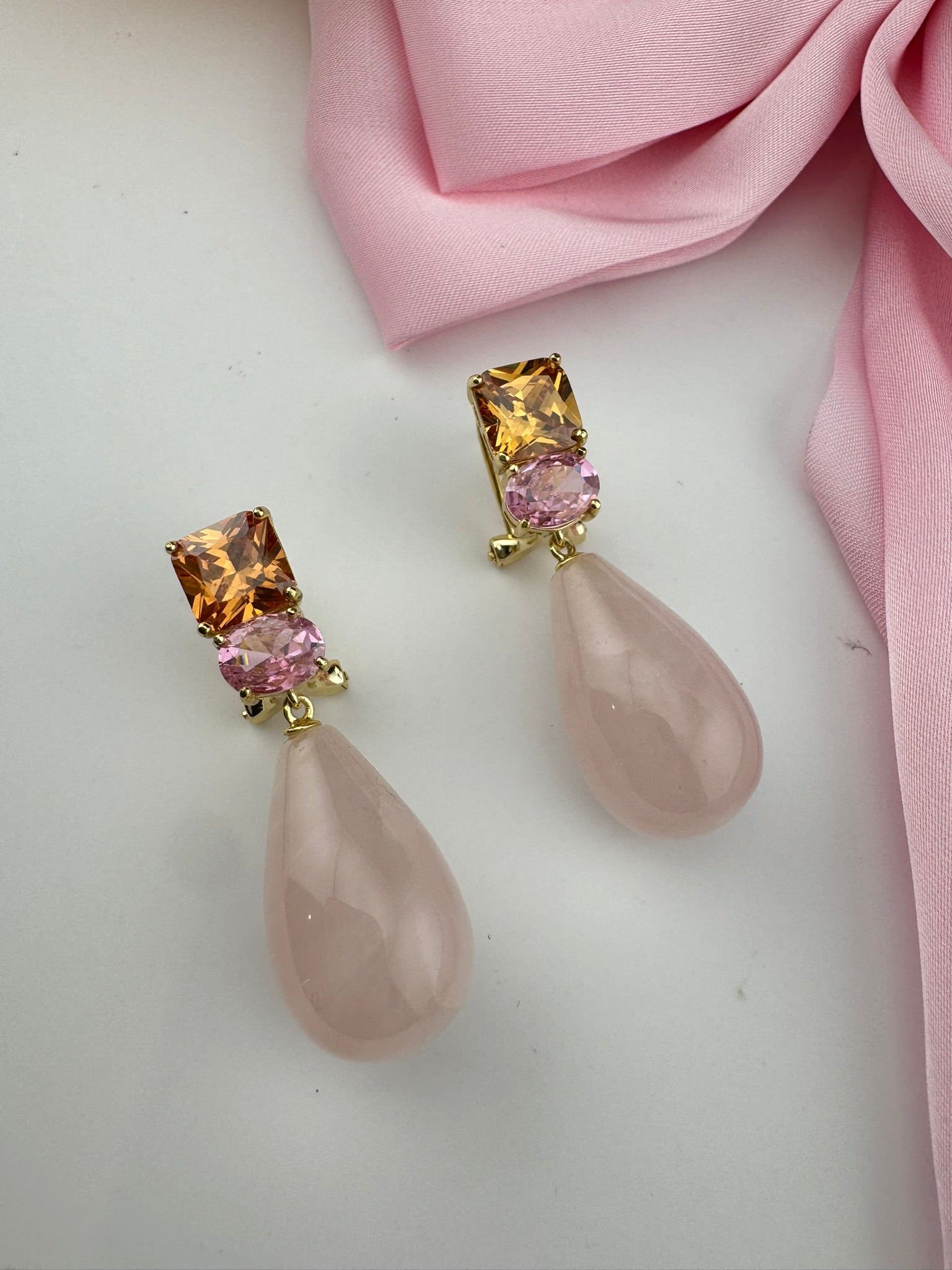 Premium 925 silver polish Pink Natural stone, CZ, Drop earring is designer inspired Drop Dangle earrings/Unique earrings/Indian Jewelry