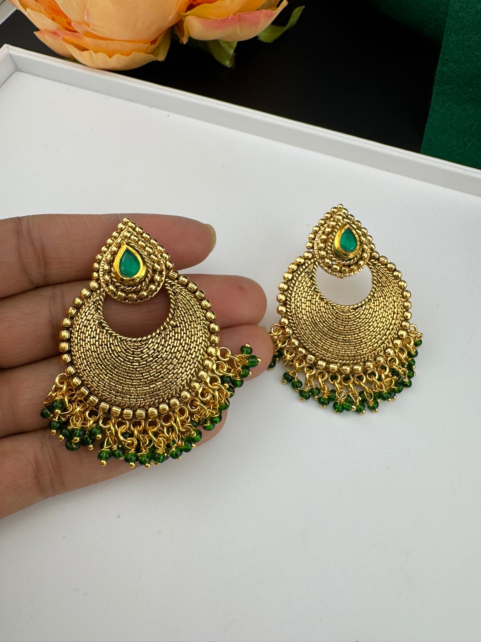 High Quality Chandbali with stones and pearls designer earrings/Chandelier earring/Chand Bali Earrings/Bridal jewelry/Gold polish Earrings