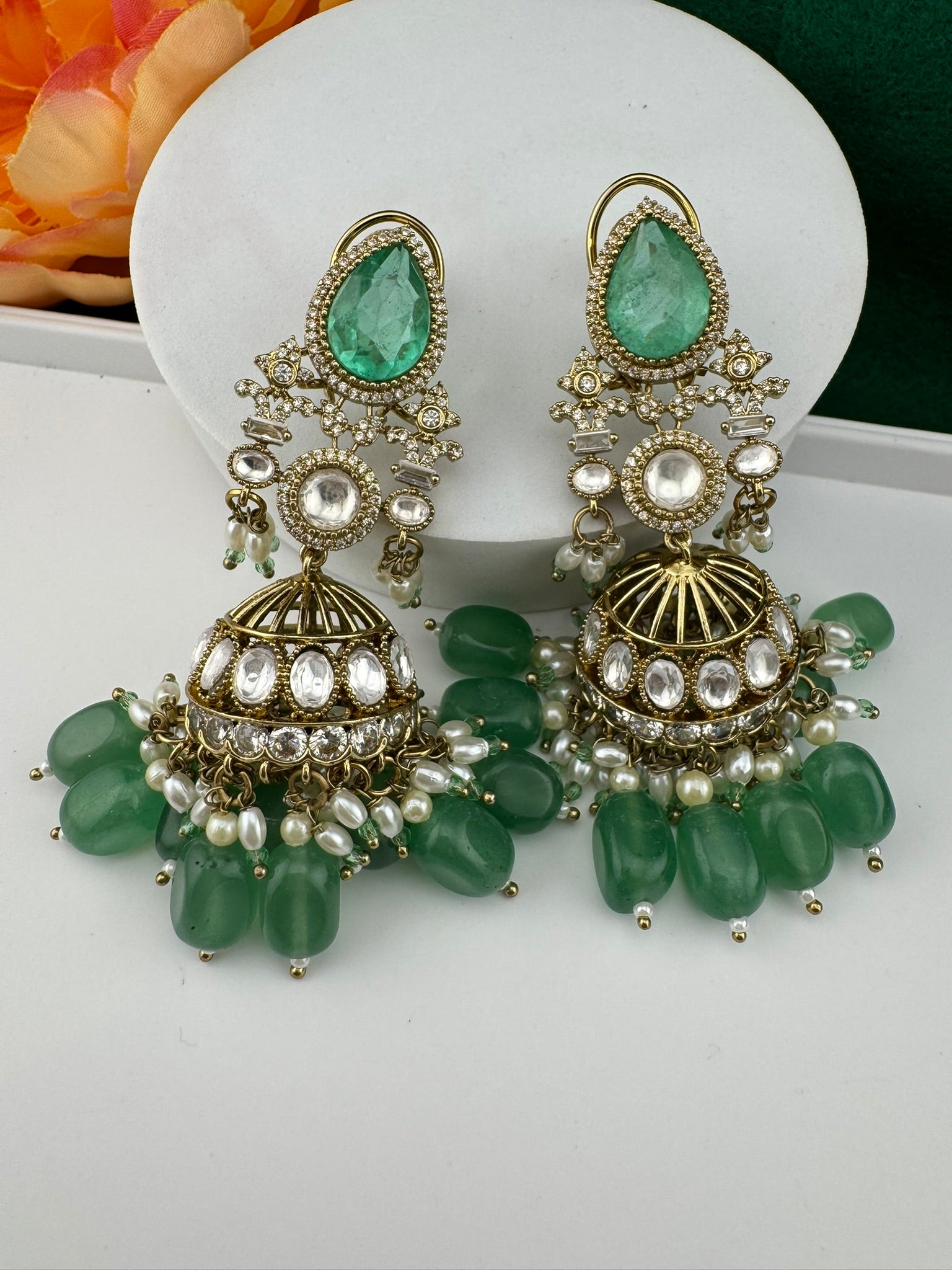 Premium Quality Kundan, Doublet stones and pearls in Matt Gold is Amrapali inspired designer Long Jhumka earrings/Indian earring/Bridal