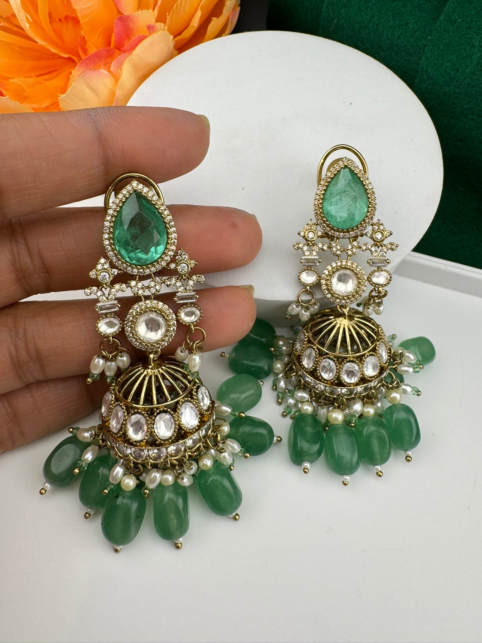 Premium Quality Kundan, Doublet stones and pearls in Matt Gold is Amrapali inspired designer Long Jhumka earrings/Indian earring/Bridal