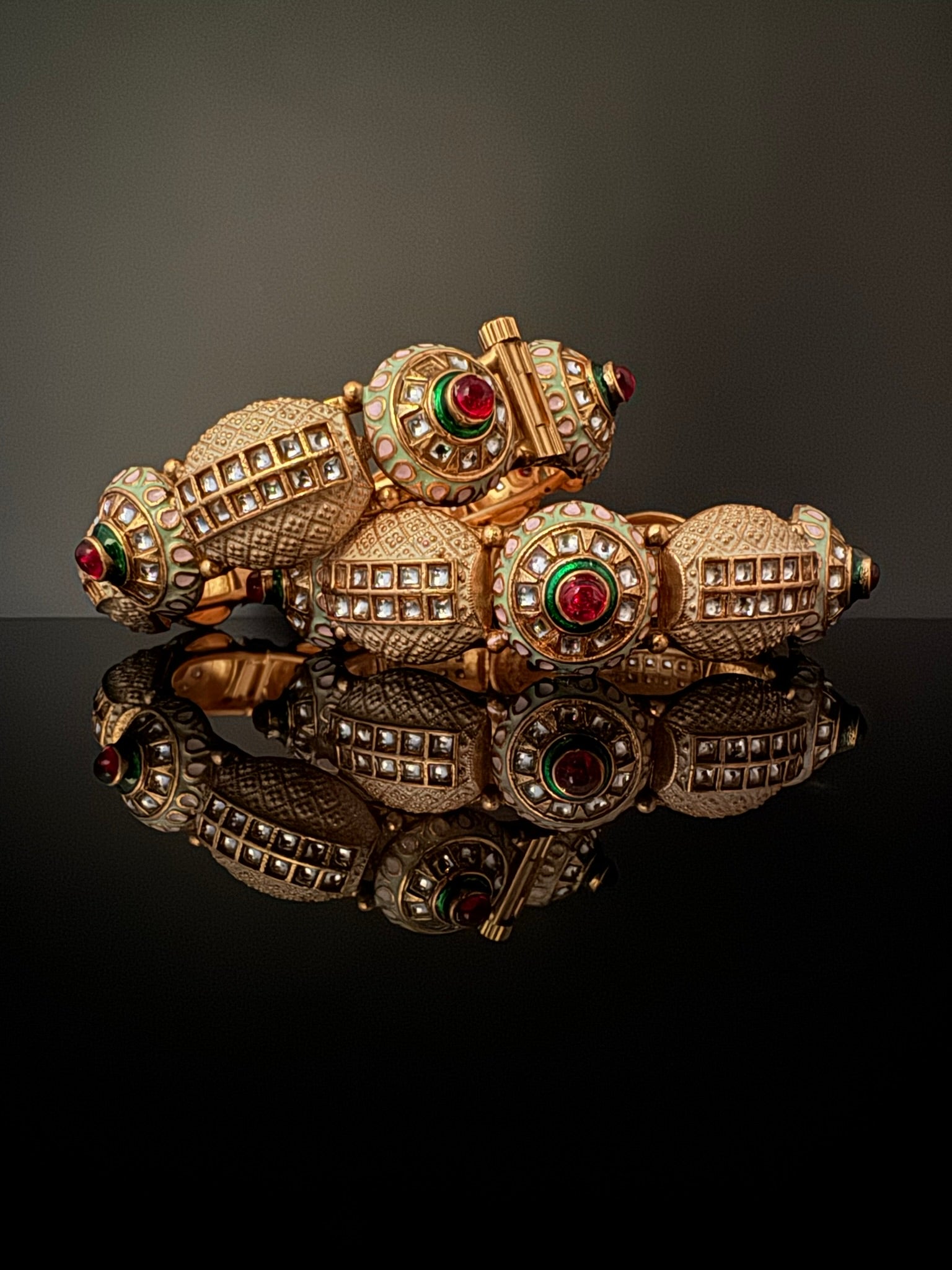 Openable Matt Gold, Enamel, Kundan kada is Amrapali inspired Designer bangles set/Indian Kada/Temple jewelry/Rajwadi Bangle/Size 2.4" & 2.8"