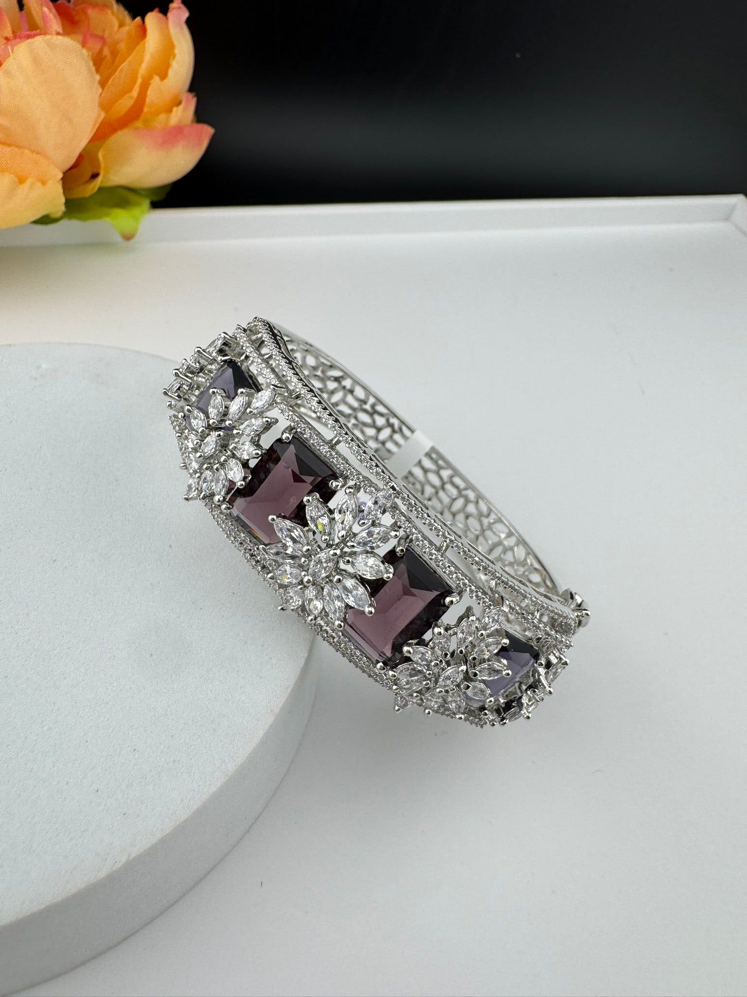Premium Silver color Openable Designer bracelet with crystal stones, Cubic Zirconia in unique Designer setting/single bangle/Bracelet Bangle