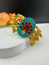 Premium Quality Matt Gold cuff in Turquoise stone, pachi kundan, Ghungroo Open Cuff Bracelet Bangle/Indian jewelry/Golden Bracelet Bangle
